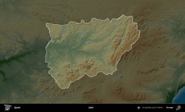 Jaen. İspanya 'nın idari alanı koyu renkli bir yükseklik haritasına vurgulanmış ve özetlenmiştir