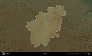 Jiloca. İspanya 'nın idari alanı koyu renkli bir yükseklik haritasına vurgulanmış ve özetlenmiştir
