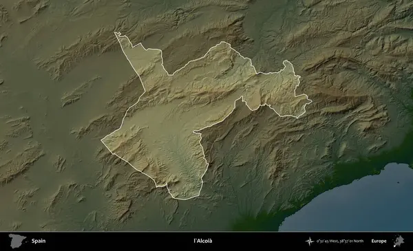 Alcoia 'da. İspanya 'nın idari alanı koyu renkli bir yükseklik haritasına vurgulanmış ve özetlenmiştir