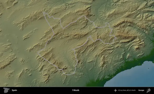 Alcoia 'da. İspanya 'nın idari bölgesi renkli bir yükseklik haritasında özetlenmiştir