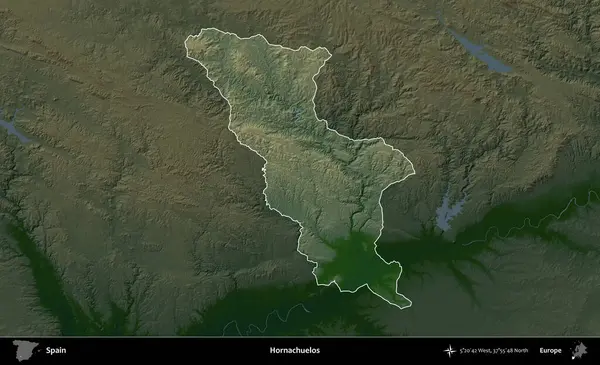 Hornachuelos. İspanya 'nın idari alanı koyu renkli bir yükseklik haritasına vurgulanmış ve özetlenmiştir