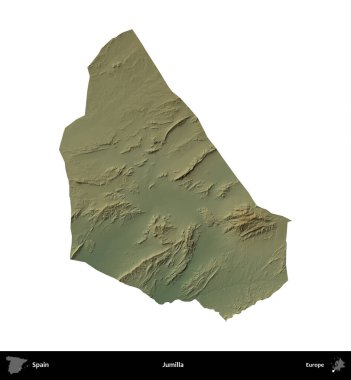Jumilla. İspanya 'nın idari bölgesi renkli bir yükseklik haritasında beyaza izole edilmiş