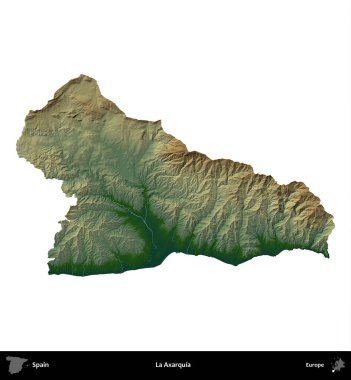 La Axarquia 'da. İspanya 'nın idari bölgesi renkli bir yükseklik haritasında beyaza izole edilmiş