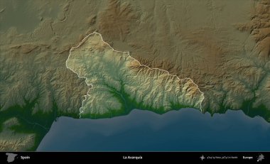 La Axarquia 'da. İspanya 'nın idari alanı koyu renkli bir yükseklik haritasına vurgulanmış ve özetlenmiştir