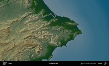 Marina Alta. İspanya 'nın idari bölgesi renkli bir yükseklik haritasında özetlenmiştir