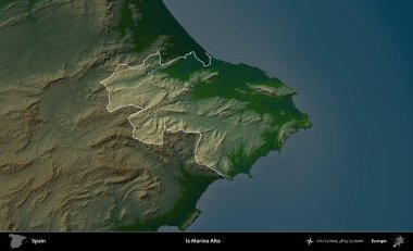 Marina Alta. İspanya 'nın idari alanı koyu renkli bir yükseklik haritasına vurgulanmış ve özetlenmiştir