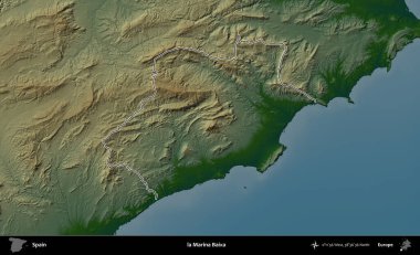 Marina Baixa 'da. İspanya 'nın idari bölgesi renkli bir yükseklik haritasında özetlenmiştir
