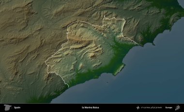 Marina Baixa 'da. İspanya 'nın idari alanı koyu renkli bir yükseklik haritasına vurgulanmış ve özetlenmiştir
