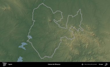 Llanos de Olivenza. İspanya 'nın idari bölgesi renkli bir yükseklik haritasında özetlenmiştir