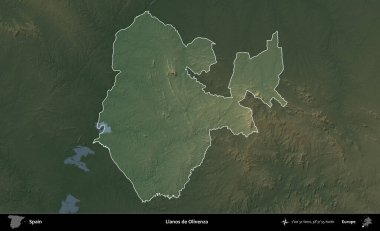 Llanos de Olivenza. İspanya 'nın idari alanı koyu renkli bir yükseklik haritasına vurgulanmış ve özetlenmiştir