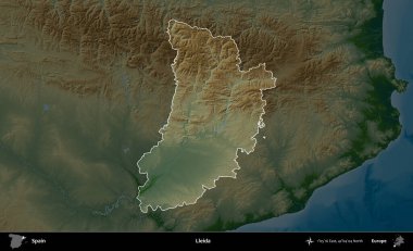 Lleida. İspanya 'nın idari alanı koyu renkli bir yükseklik haritasına vurgulanmış ve özetlenmiştir