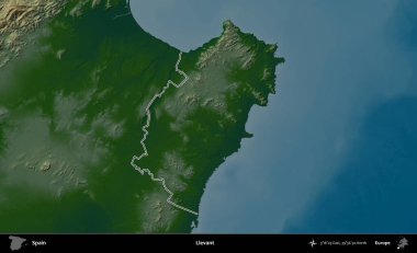 Llevant. İspanya 'nın idari bölgesi renkli bir yükseklik haritasında özetlenmiştir