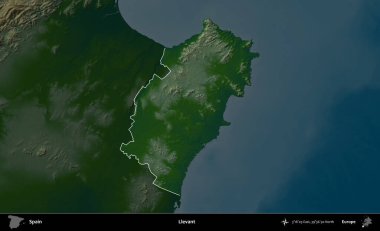 Llevant. İspanya 'nın idari alanı koyu renkli bir yükseklik haritasına vurgulanmış ve özetlenmiştir