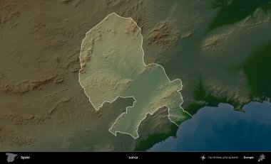 Lorca. İspanya 'nın idari alanı koyu renkli bir yükseklik haritasına vurgulanmış ve özetlenmiştir