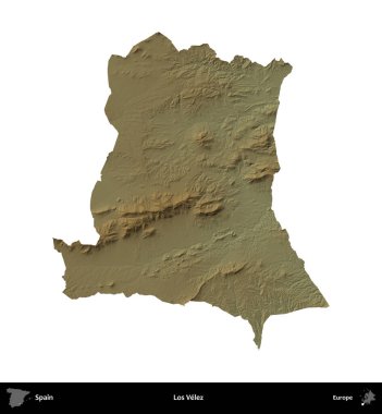 Los Velez. İspanya 'nın idari bölgesi renkli bir yükseklik haritasında beyaza izole edilmiş