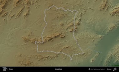 Los Velez. İspanya 'nın idari bölgesi renkli bir yükseklik haritasında özetlenmiştir