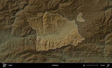 Cerdanya. İspanya 'nın idari alanı koyu renkli bir yükseklik haritasına vurgulanmış ve özetlenmiştir