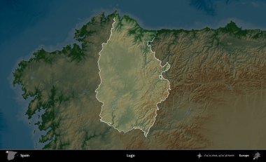 Lugo. İspanya 'nın idari alanı koyu renkli bir yükseklik haritasına vurgulanmış ve özetlenmiştir