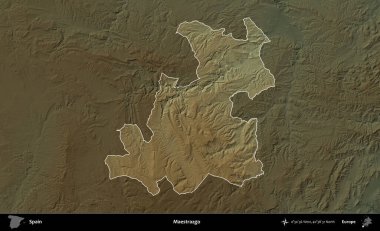 Maestrazgo. İspanya 'nın idari alanı koyu renkli bir yükseklik haritasına vurgulanmış ve özetlenmiştir