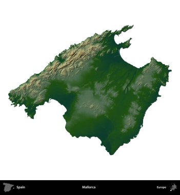 Mallorca. İspanya 'nın idari bölgesi renkli bir yükseklik haritasında beyaza izole edilmiş