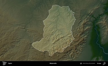 Matarrana. İspanya 'nın idari alanı koyu renkli bir yükseklik haritasına vurgulanmış ve özetlenmiştir