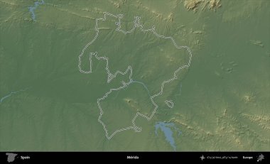Merida. İspanya 'nın idari bölgesi renkli bir yükseklik haritasında özetlenmiştir
