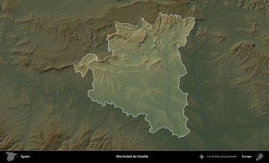 Merindad de Estella 'da. İspanya 'nın idari alanı koyu renkli bir yükseklik haritasına vurgulanmış ve özetlenmiştir