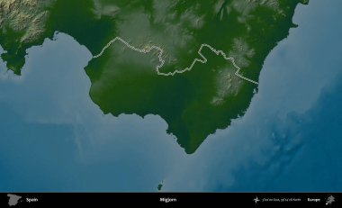 Migjorn. İspanya 'nın idari bölgesi renkli bir yükseklik haritasında özetlenmiştir