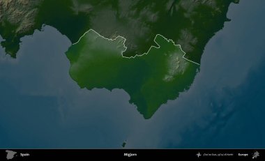 Migjorn. İspanya 'nın idari alanı koyu renkli bir yükseklik haritasına vurgulanmış ve özetlenmiştir