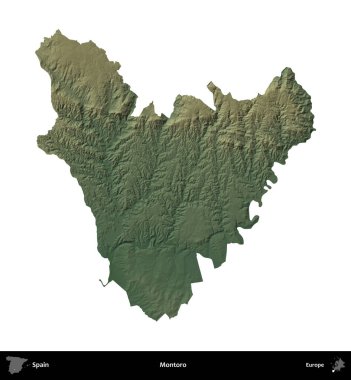 Montoro 'da. İspanya 'nın idari bölgesi renkli bir yükseklik haritasında beyaza izole edilmiş