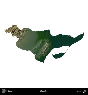 Montsia. İspanya 'nın idari bölgesi renkli bir yükseklik haritasında beyaza izole edilmiş