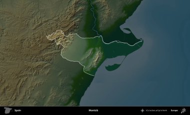 Montsia. İspanya 'nın idari alanı koyu renkli bir yükseklik haritasına vurgulanmış ve özetlenmiştir