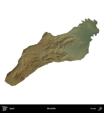 Moratalla. İspanya 'nın idari bölgesi renkli bir yükseklik haritasında beyaza izole edilmiş