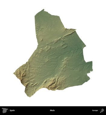Mula. İspanya 'nın idari bölgesi renkli bir yükseklik haritasında beyaza izole edilmiş