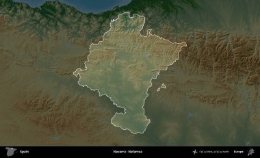 Navarra - Nafarroa. İspanya 'nın idari alanı koyu renkli bir yükseklik haritasına vurgulanmış ve özetlenmiştir