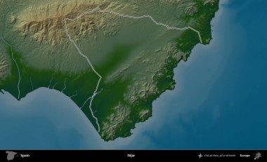 Nijar. İspanya 'nın idari bölgesi renkli bir yükseklik haritasında özetlenmiştir