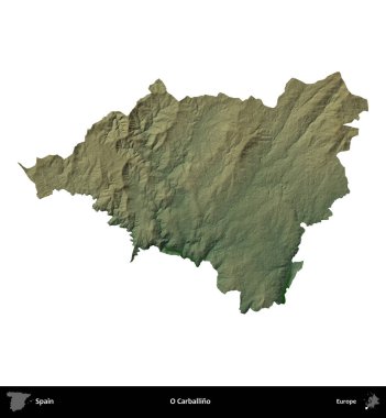 O Carballino. İspanya 'nın idari bölgesi renkli bir yükseklik haritasında beyaza izole edilmiş