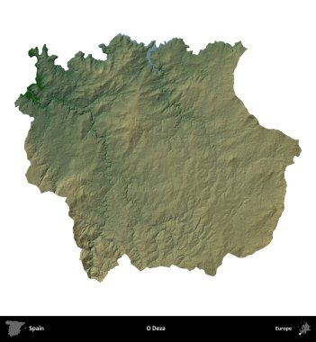 O Deza. İspanya 'nın idari bölgesi renkli bir yükseklik haritasında beyaza izole edilmiş