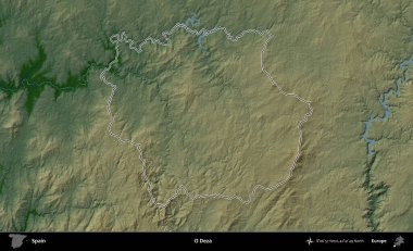 O Deza. İspanya 'nın idari bölgesi renkli bir yükseklik haritasında özetlenmiştir