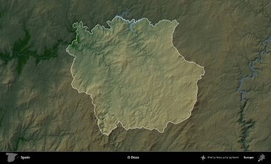 O Deza. İspanya 'nın idari alanı koyu renkli bir yükseklik haritasına vurgulanmış ve özetlenmiştir