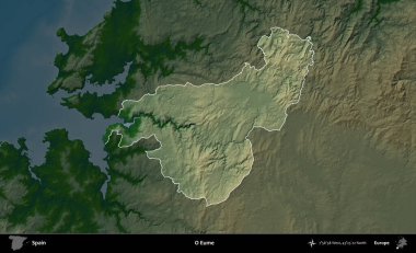 O Eume. İspanya 'nın idari alanı koyu renkli bir yükseklik haritasına vurgulanmış ve özetlenmiştir