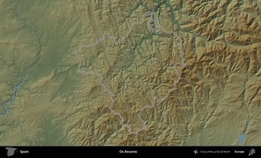O 's Ancare. İspanya 'nın idari bölgesi renkli bir yükseklik haritasında özetlenmiştir