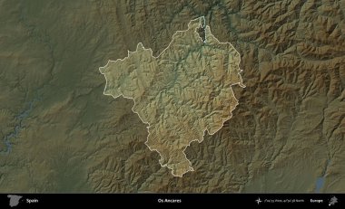 O 's Ancare. İspanya 'nın idari alanı koyu renkli bir yükseklik haritasına vurgulanmış ve özetlenmiştir