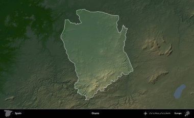 Osuna. İspanya 'nın idari alanı koyu renkli bir yükseklik haritasına vurgulanmış ve özetlenmiştir