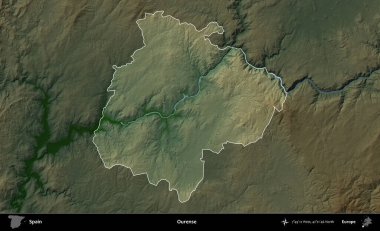Bizim hakkımız. İspanya 'nın idari alanı koyu renkli bir yükseklik haritasına vurgulanmış ve özetlenmiştir