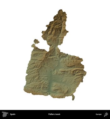 Pallars Jussa. İspanya 'nın idari bölgesi renkli bir yükseklik haritasında beyaza izole edilmiş