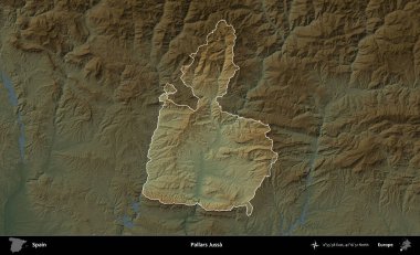 Pallars Jussa. İspanya 'nın idari alanı koyu renkli bir yükseklik haritasına vurgulanmış ve özetlenmiştir