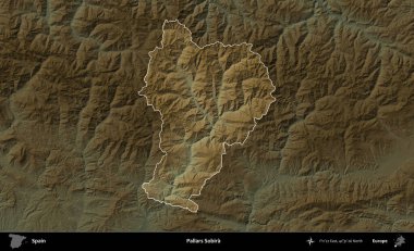 Pallars Sobira. İspanya 'nın idari alanı koyu renkli bir yükseklik haritasına vurgulanmış ve özetlenmiştir