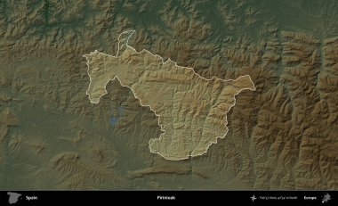 Pirinioak. İspanya 'nın idari alanı koyu renkli bir yükseklik haritasına vurgulanmış ve özetlenmiştir