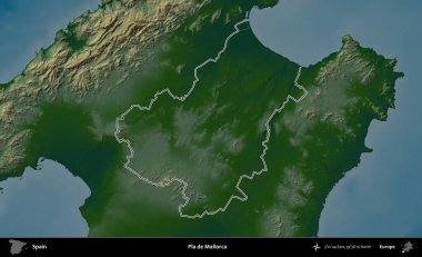 Pla de Mallorca. İspanya 'nın idari bölgesi renkli bir yükseklik haritasında özetlenmiştir